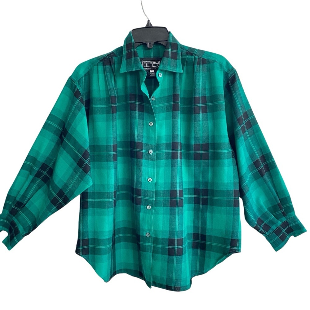 BEREK 100% Wool Made in USA Green & Black  Plaid Blouse Long Sleeve Women’s Sz 8